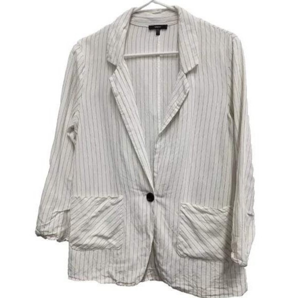 Drew Blazer Jacket Womens Small White Pinstripe Linen Blend Lightweight Office